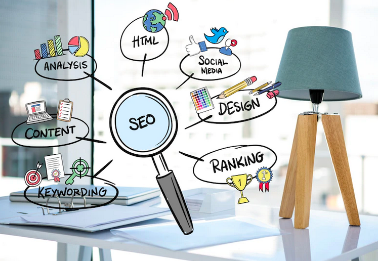 SEO concept with magnifying glass and words keywording, content, analysis, HTML, social media, design and ranking.