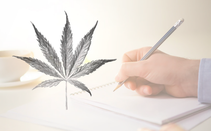 Weed leaf next to a hand holding a pen, an illustration on CBD copywriter role